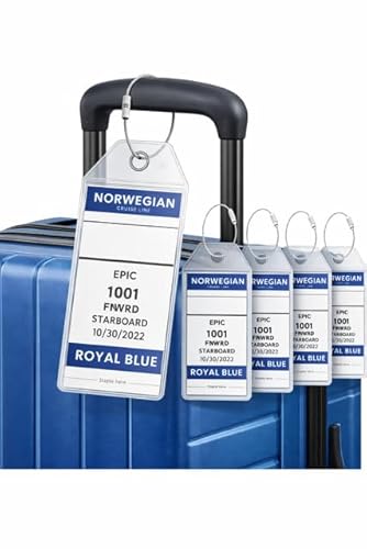 Norwegian Cruise Line Luggage Tag Holders (4 Pack) - fits NCL Print at Home Tags 2026-2027 sailings. Clear Waterproof PVC with Steel Loop Fasteners. Cruise Essentials