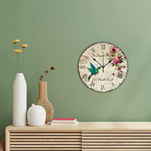 Home Address Hummingbird Wall Clock Bird Flower Letter Paper Custom Non-Ticking Clock Battery 10 Inch Wall Art Wood Clock Vintage Easy Hang For Bedroom Living Room Kitchen Office (Wmtkrdqd9Ze1) #TOP2