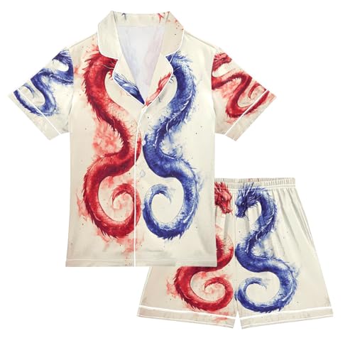 ALAZA Dragon Blue Red Watercolor Satin Pajamas Set Short Sleeve Button Down Sleepwear Summer Pjs 2 Piece
