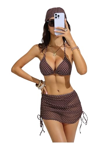 Image of RoseSeek Women's 4 Piece Polka Dots Bathing Suits Cover Up Skirt & Bandana
