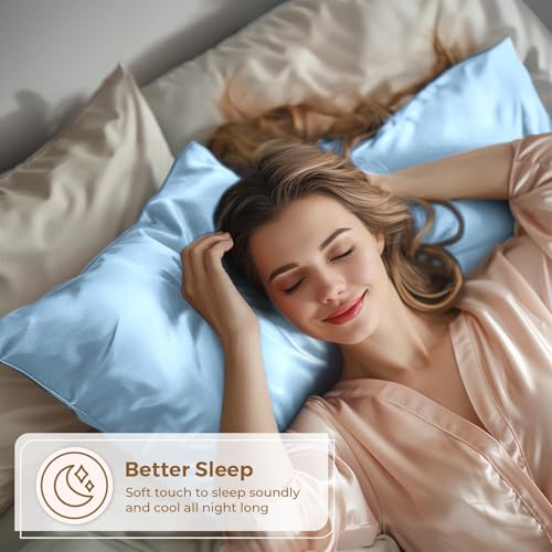 Image of Satin Pillow Covers Set of 2 with 3 Free Random Color Hair Scrunchies - Anti-Frizz, Skin-Friendly, Soft & Durable Pillowcase Set for All Hair Types (Aqua)
