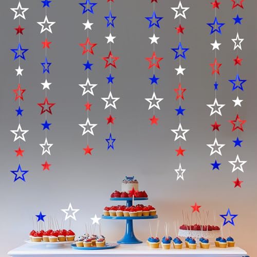 Image of Patriotic Star Streamers Banner Garland Glitter for 4th of July BBQ Memorial Day 250th Anniversary Party Glossy Independence Day Celebration Labor Day Decorations Red White Blue 1 Strand 157.5In