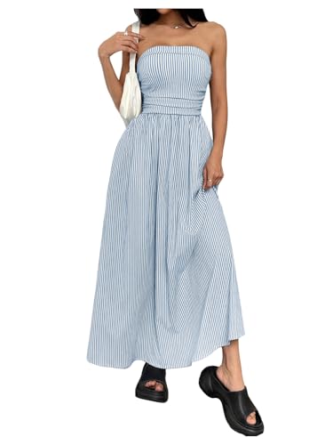 Milumia Womens Striped Strapless Maxi Dress Summer Casual Tube Top Long Dresses with Pocket Blue and White Small