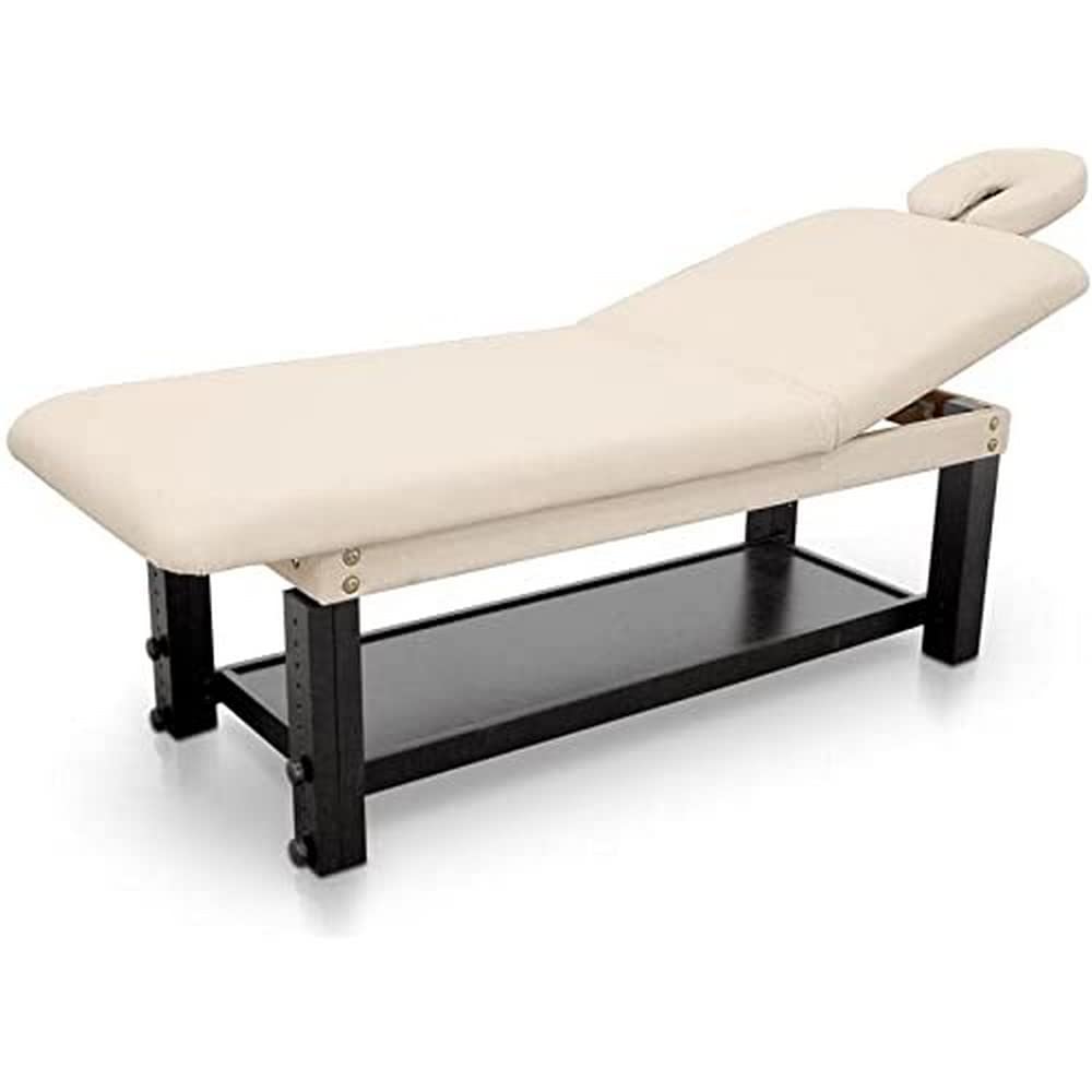 QUIRUMED Camilla SPA y Estética de Madera con Respaldo abatible, Altura Regulable, Acolchado Alta Densidad, Cabezal Extraíble, Ideal para Masajes y Tratamientos, 184x70 cm, Color Beige