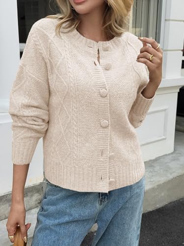 Saodimallsu Womens Cable Knit Cardigan Button Down Crew Neck Long Sleeve Loose Fall Trendy Sweater Coats