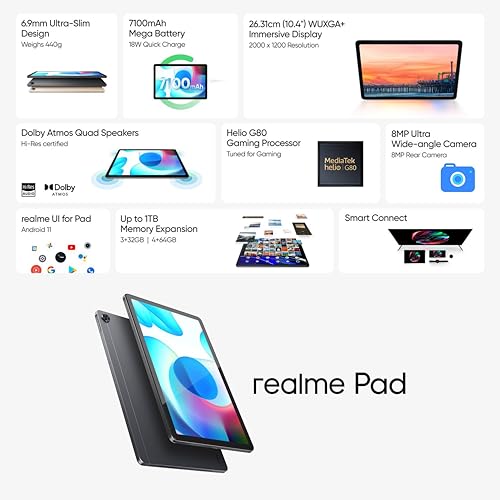 Image of realme Pad Slim Wi-Fi Only (Grey, 3GB RAM, 32GB Storage) | 10.4 inch WUXGA+ Display | Helio G80 Processor | 3.5mm Jack & Quad Speakers | 7100mAh Battery | 18W Charging | Slim Metal Body | Dual Speakers