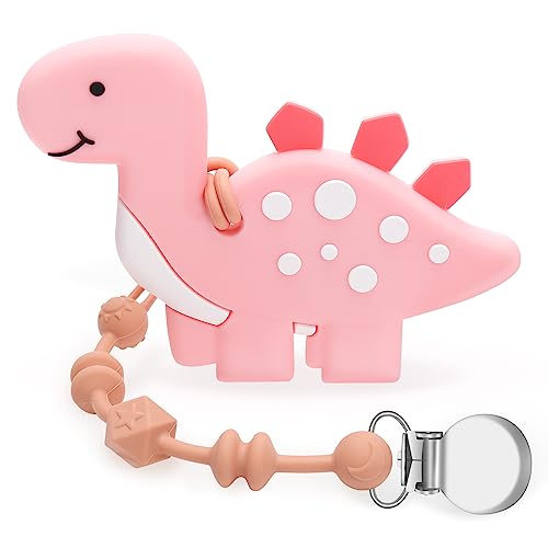 Image of Baby Teething Toys for Babies 0-24 Months, Dinosaur Teether Pain Relief Toy with One Piece Design Pacifier Clip Holder Set, Freezer Safe Neutral Shower Gift for Boys and Girls (Pink)