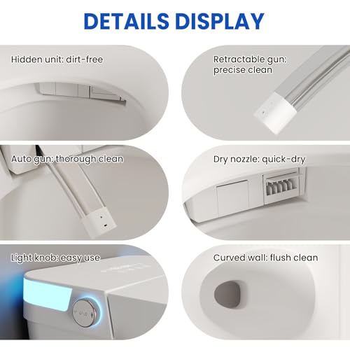 Inodoro inteligente con bidé integrado, inodoro eléctrico moderno, sin tanque, asiento calefactable, lavado con agua tibia, sensor de pie, secador de aire, pantalla LED (Blanco) miniatura 4