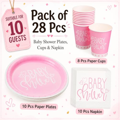 Image of Rozi Decoration Baby Shower Party Tableware Set - Pink Paper Plates, Cups & Napkins | Disposable Baby Girl Shower Decoration Supplies | Elegant Table Decor for Baby Welcome Party Set of 28 Pcs