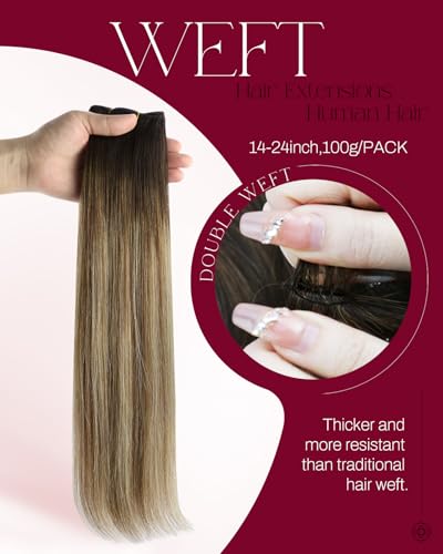 Image of Moresoo Human Hair Extensions Sew in, Balayage Medium Brown with Blonde | 18 Inch 100g, crafted from Remy human hair for flexible blending, ideal for dates, dinners and softly defined waves