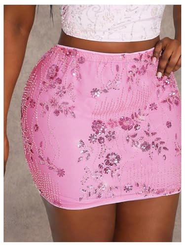 MakeMeChic Women's Plus Size Sequin Mini Skirt Floral Sparkly High Waist Bodycon Night Out Skirts2