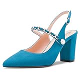 HEUIVZAR Pumps de Mujer Slingback Puntiaguada Punta Ancho Chunky Alto High Heel Correa Tobillo Sandalias Ante Dress Zapatos Novia de Boda Azul 8 CM 43 EU