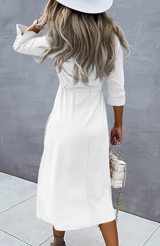 Image of Febriajuce Women's 3 /4 Sleeve Midi Dress Casual Drawstring Belted Round Neck Plain Tie Waist Loose High Waist Long Dress