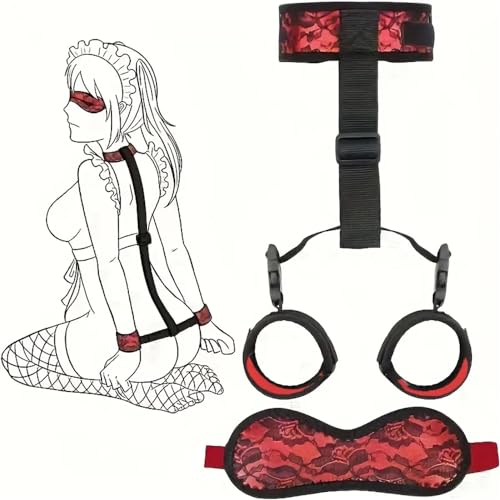 Esposas de cuero ajustables sexys, accesorio para mujer, juego de cosplay con los ojos vendados, rojo