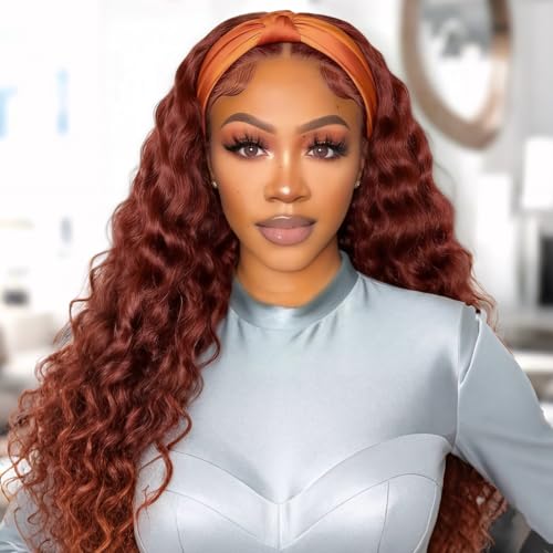 Image of XSY Headband Wig Human Hair Deep Wave #33 Red Reddish Brown Glueless Wigs Human Hair 18 Inch None Lace Front Wig Machine Made Curly Headband Wigs for Black Women 22 Inch