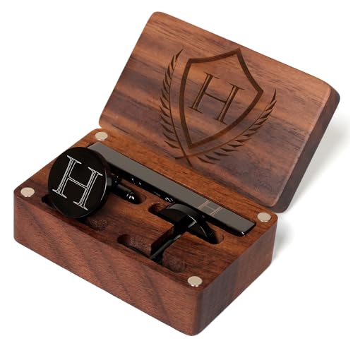 Image of Mens Initial Cufflinks and Tie Clip A-Z Alphabet Letter Black Stainless Cuff Links Tie Bar with Engraved Walnut Wood Box Groom Groomsman Wedding Set