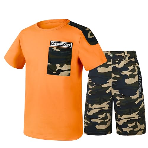 Image of LOLANTA Boy Summer Outfit Casual Clothes 2Pcs Cotton T-shirt Shorts Set | Kids Short Sleeve T-Shirt, Boy Camouflage Knee-length Shorts, Breathable Fashion Outfits, School Daily Matching Clothing Sets