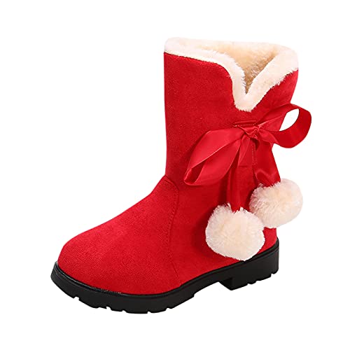 2021 Winter Little Kids Baby Girls Princess Shoes Fashion Bowkont Cotton Boots Snow Boots (Red-1, 32)