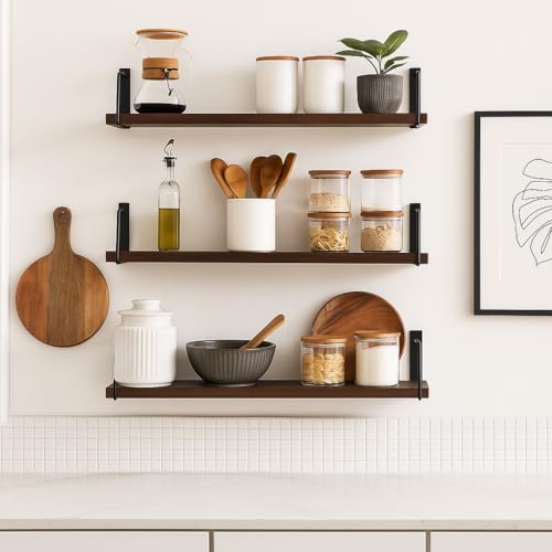 Image of Dime Store Engineered Wood Wall Shelf Floating Wall Mounted Shelf with Metal Brackets for Living Room, Bedroom & Office | Multipurpose Display Rack for Books, Plants, Decor & Storage (Brown)