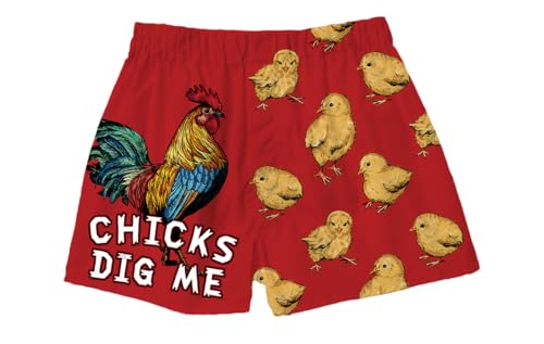 BRIEF INSANITY Comfortable Loose Fit Boxer Shorts | Funny Farm Rooster Chicken Print Boxer Short Bottoms - Soft, Comfy Loungewear Pants (Chicks Dig Me, Large)