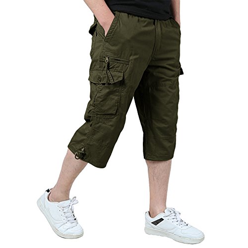 KEFITEVD Spodnie męskie 3/4 Cargo Shorts męskie bermudy szorty z wieloma kieszeniami letnie krótkie spodnie bawełniane spodnie robocze gumowy ściągacz na co dzień, wojskowa zieleń