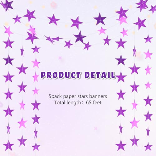 Image of Spakon 65 Feet Glitter Star Paper Garland Banner Hanging Decoration Star Streamers Double Side 2026 Graduation Decorations for Wedding Birthday Festival New Year Party Decoration (Purple)