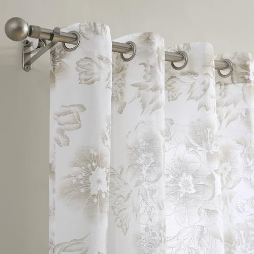 Image of Warm Home Designs 63 Inch Embroidered Brown Floral Curtains. FL Linen 63 | Sheer Printed Modern Farmhouse Flower Curtains. Embroidered, Textured Floral Drapes for French, Country or Floral Decor.