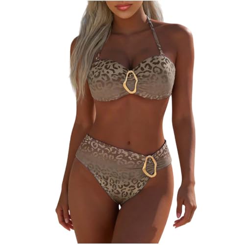 Guhmomh Bikini Damen Set Push Up Badeanzug Zweiteiliger Bademode Sommer Leopardenmuster Badeanzüge Oberteil mit Triangel Bikinihose Strand Bikini-Sets für Frauen Swimsuits Sport Strandmode Braun L