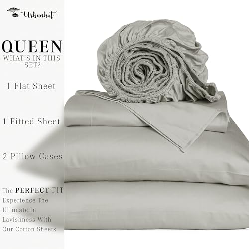 URBANHUT 700 Thread Count Egyptian Cotton Sheets Queen Size, 4Pc Sheet Set Soft Luxury Bed Sheets for Queen Size Bed, Sateen Weave Hotel Sheets, 16'' Elasticized Deep Pocket - Silver Grey - Image 3