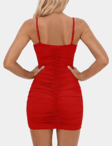 Image of BORIFLORS Women's Sexy Bodycon V Neck Spaghetti Strap Mini Party Dress | Ruched Sleeveless Club Short Dresses