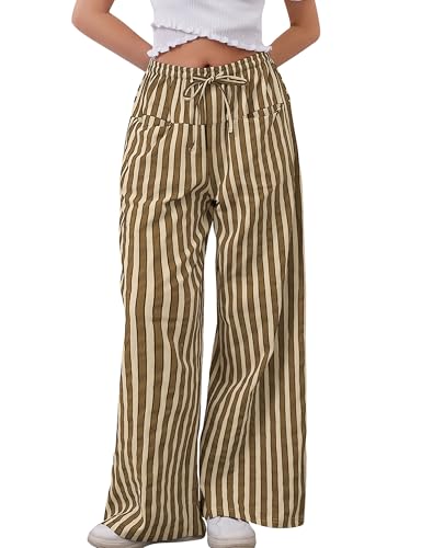 Image of MISSACTIVER Women Drawstring Striped Pants Loose Wide Leg Trousers Casual Low Waist Pants Comfy Lounge Pants with Pockets