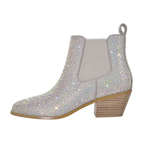 VERISSON Point Toe Western Boots Chelsea Silver Glitter Rhinestone Block Heeled Cowboy Booty 6CM4