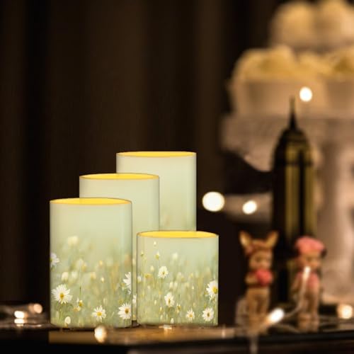 Image of Flameless Candles Battery Powered LED Pillar Candles Tealights with Remote Timer Color Changing Control for Indoor Outdoor Home Tabletop Decoration Set of 4, Daisy Floral Green