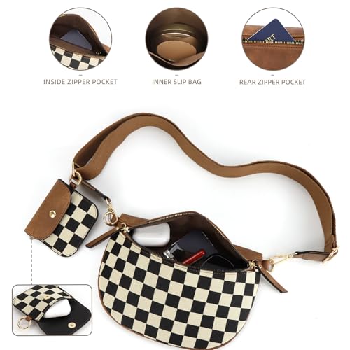 Checkered Crossbody Bag Black and White Checkerboard Bum Bag for Women Sling Wallet Purses Chest Pack Adjustable Strap (Brown)2