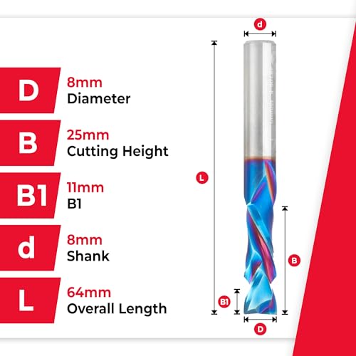 Image of Amana Tool Spektra Extreme Tool Life Coated Solid Carbide CNC Compression Spiral Router Bit, 48306-K, 8mm D x 25mm CH x 8mm Shank x 64mm Long