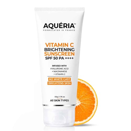 Image of Aqueria 3-in-1 Bright Detan Sunscreen SPF 50 PA++++ | In-Vivo /In-Vitro Tested | 5% Niacinamide, 5% Hyaluronic & Vitamin C | Modern UV Filters | Broad Spectrum UVA /UVB & Blue Light Protection | Lightweight, No White Cast, Sweat Resistant | Suitable for Daily Use | For Normal, Dry & Sensitive Skin | 50g