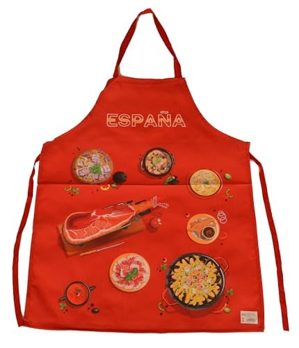 T2 PAELLA - Delantal rojo, Delantal Estilo Español, Pealla, Jamón Serrano, Curros, Complementos de Cocina.