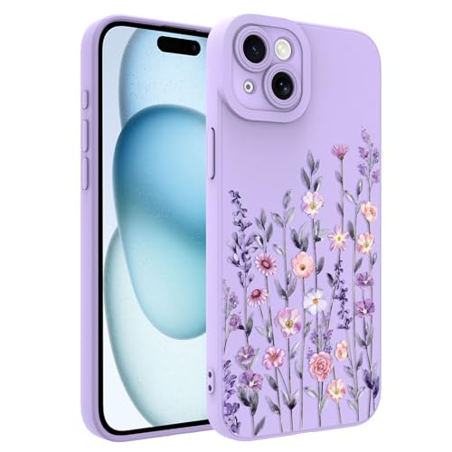 Image of Designed for iPhone 15 Case Flower for Women Girls, Purple | Cute Floral Pattern Liquid Silicone Phone Case [Full Camera Protection] Slim Soft TPU Protective Cover