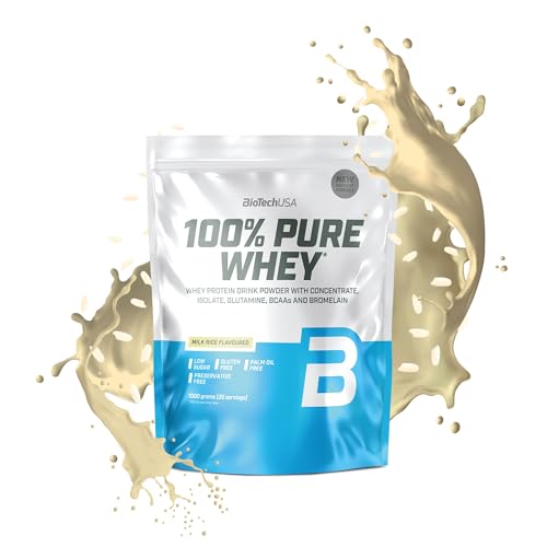 BioTechUSA 100% Pure Whey | Proteinpulver mit BCAA und Glutamin | Glutenfrei, Palmölfrei | 21g Protein pro Portion, 1 kg, Milchreis