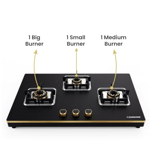 Image of Sunshine Shine Gold 3 Burner Gas Stove | Premium Glass Hob Top Cooktop | Auto Ignition | 10D Brass Burners | LPG & PNG Compatible | Golden Finish | 10 Year Glass & Burner Warranty | Black