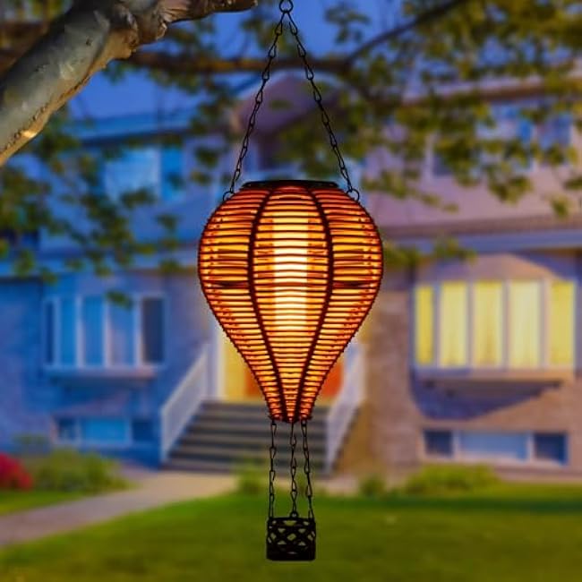 pearlstar Solar Hot Air Balloon Lantern with Flame Light Outdoor Hanging Solar Powered Lights Woven Solar Lantern Waterproof for Patio Yard Farmhouse Garden Wedding Holiday Decoration