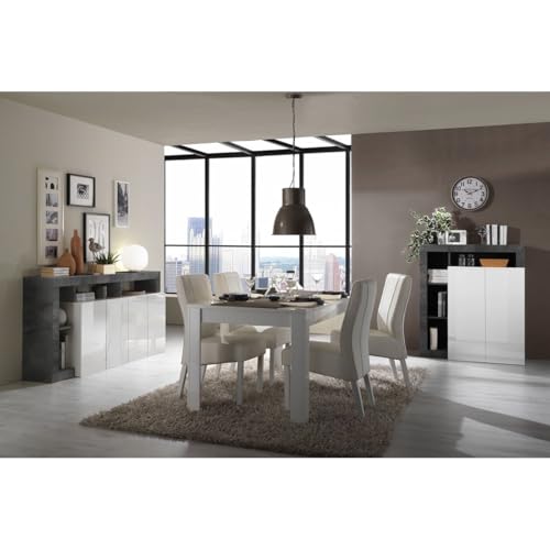 AltoBuy Arturo - Séjour Complet Table + Buffet 4P Blanc Laqué Niches Aspect Oxyde