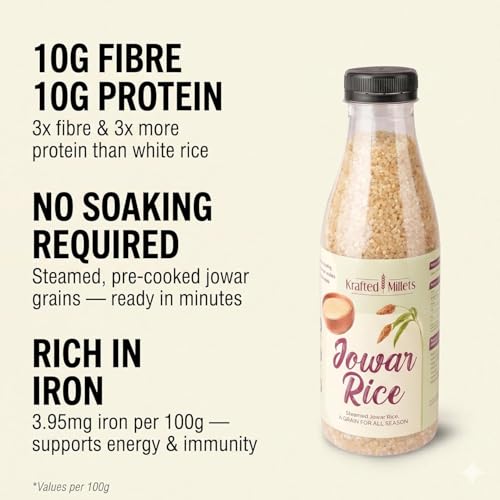 Image of Krafted Millets Steamed Jowar Rice (Sorghum) - 3x Fiber, 2x Protein vs Rice | Gluten-Free, Low GI, Diabetic & PCOS Friendly | Iron-Millet | Cooks Like in 15 Min | Jowari / Jonna / Jola / Cholam (Pack of 8 x 380g)
