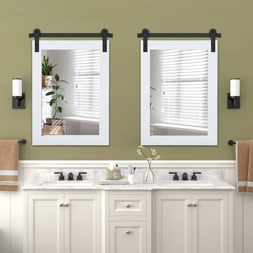 Image of COGOOD Farmhouse Barn Door Mirror - 22 x 30 Rustic Wood Framed Wall Mirror for Bathroom, Living Room, Entryway Wall Decor (Pure White)