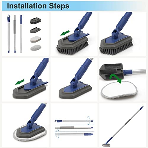 Tub Tile Scrubber Extendable Long Handle 58",Shower Cleaning Brush with Stiff Bristle,Microfiber Pad,2 Scrubbing Pads for Bathroom Floor Tile Wall Sink Bathtub