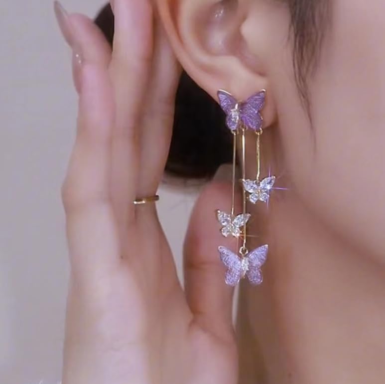 Rhinestone Butterfly Tassel Earrings for Women 3D Animal Drop Dangle Earrings Crystal Long Purple Butterfly Earrings - Image 7