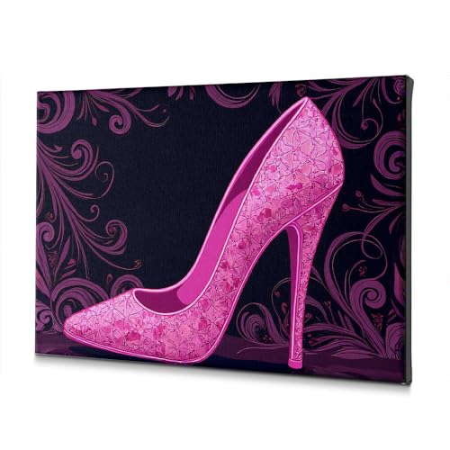 Plaque decorative rose a paillettes avec talon haut et motif floral, tableau mural 40x60 cm