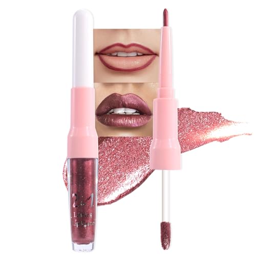 Image of evpct Dark Wine Red Metallic Glitter Lip Liner and Lipstick Combo Lip Gloss Stain Set Makeup for Women Long Lasting Waterproof 24, Mauve Plum Frosted Metallic Shimmer Glossy iridescent Liquid Lipstick