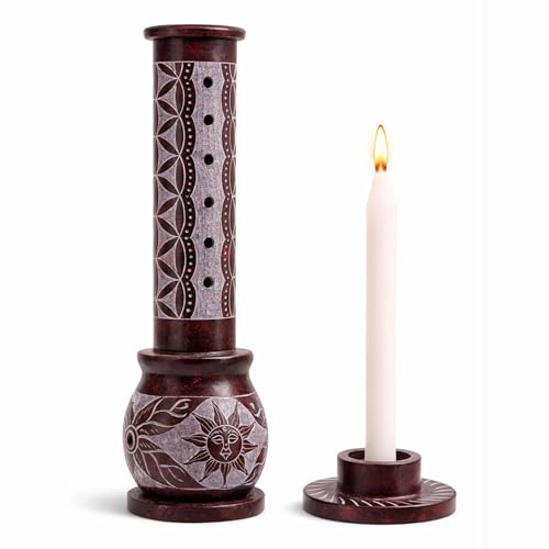 Image of Marble Soapstone Incense Holder, Red, 3x3x10 Inches | Handmade, Sunshine Design, Round Carving, Candle Burner, Tea Light Holder