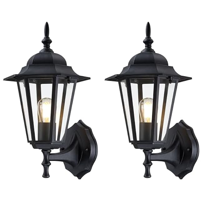 Outdoor Wall Lantern, Wall Sconce as Porch Lighting Fixture, E26 Base 60W Max, Aluminum Housing Plus Glass, Wet Location Rated, Bulbs not Included, Matte Black, 2 Pack